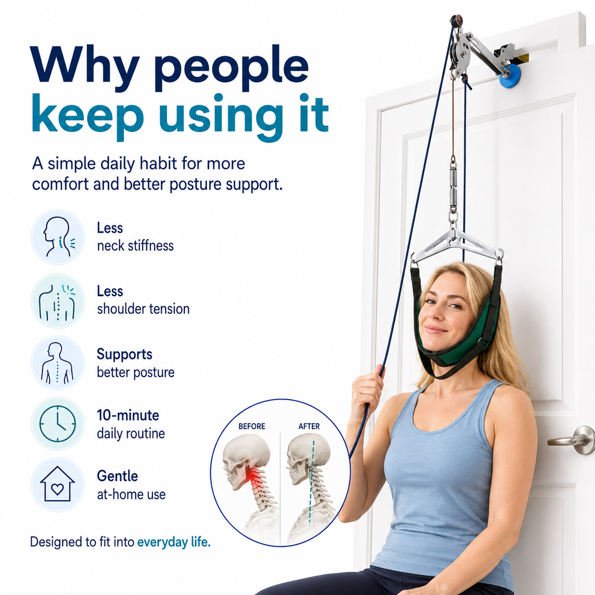 Adjustable Neck Support & Stretching System – Home Use Neck Stretcher with Comfortable Head Harness