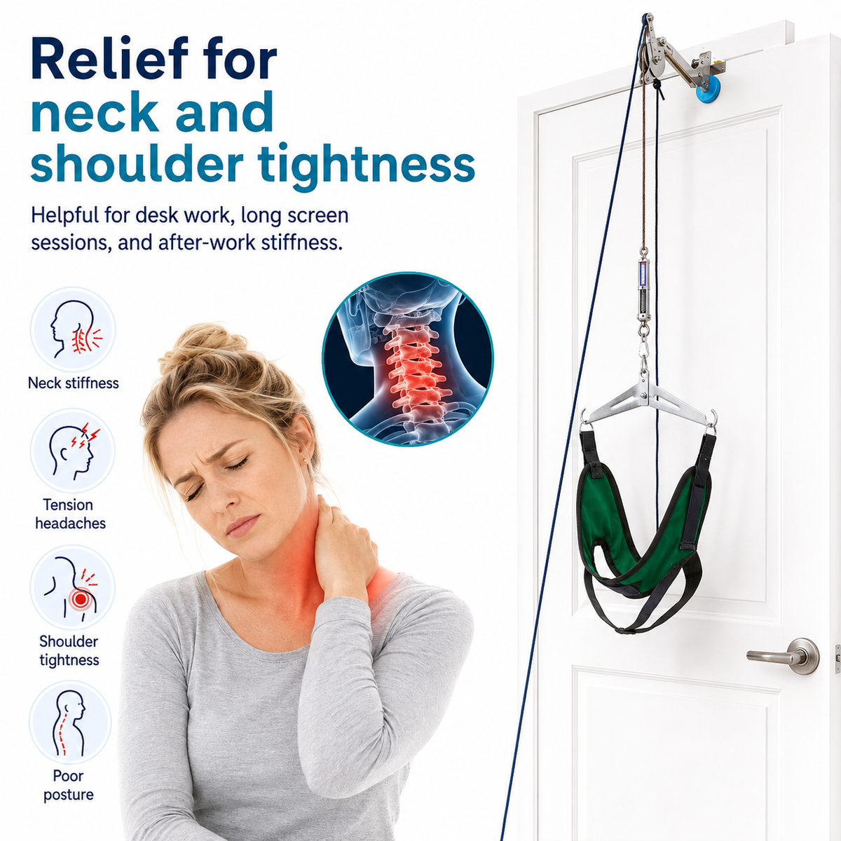 Adjustable Neck Support & Stretching System – Home Use Neck Stretcher with Comfortable Head Harness
