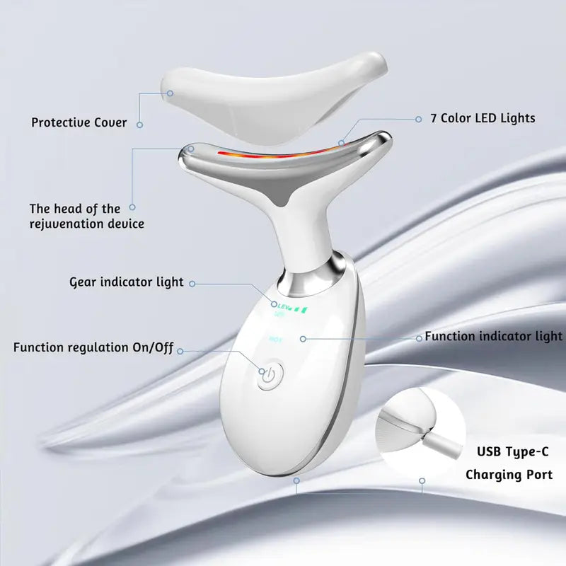 Cotsoco 7-Color Facial & Neck Massager, USB Rechargeable Red Light Therapy Device with Heat, Vibration, Auto Shut-Off, Facial Care Tools for Women