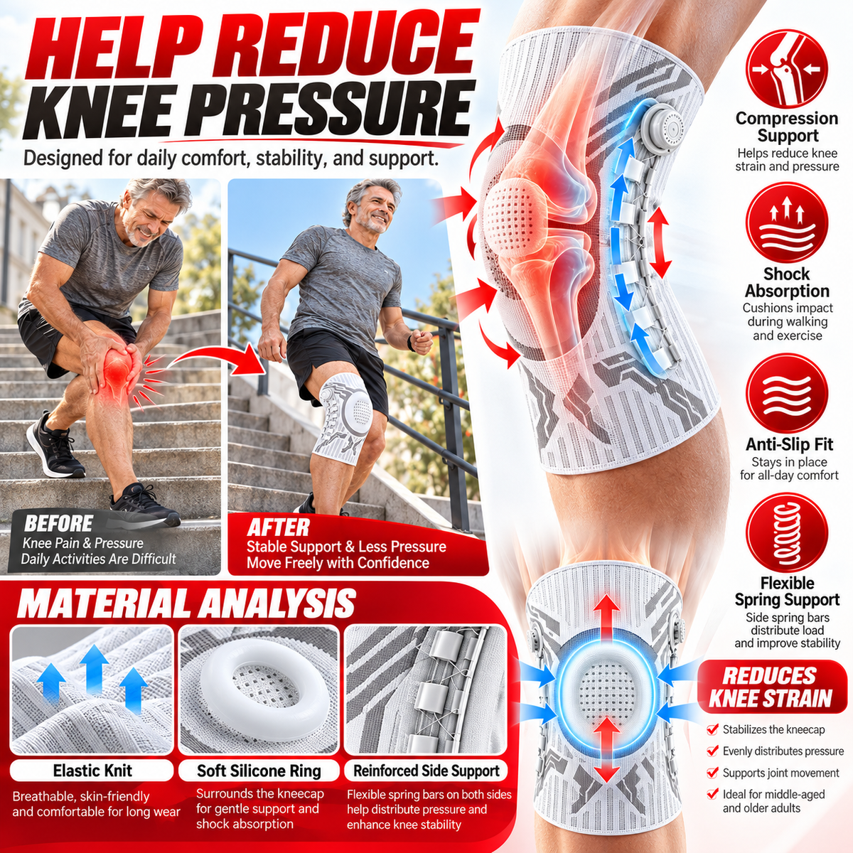 Dial-Adjustable Sports Knee Brace with Alloy Spring Support
