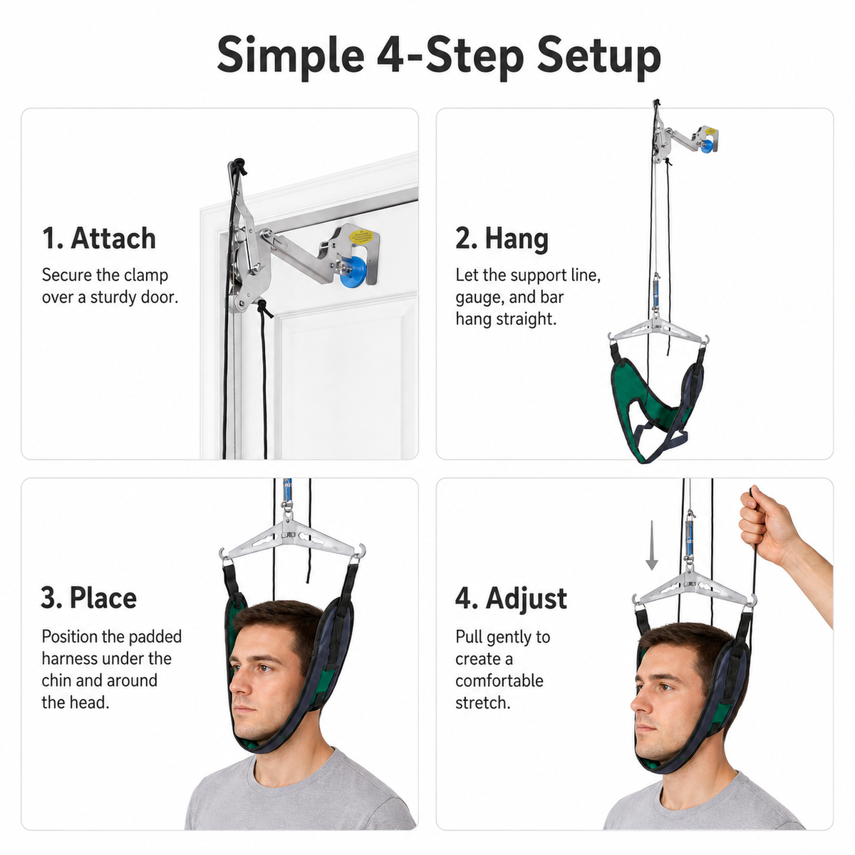 Adjustable Neck Support & Stretching System – Home Use Neck Stretcher with Comfortable Head Harness