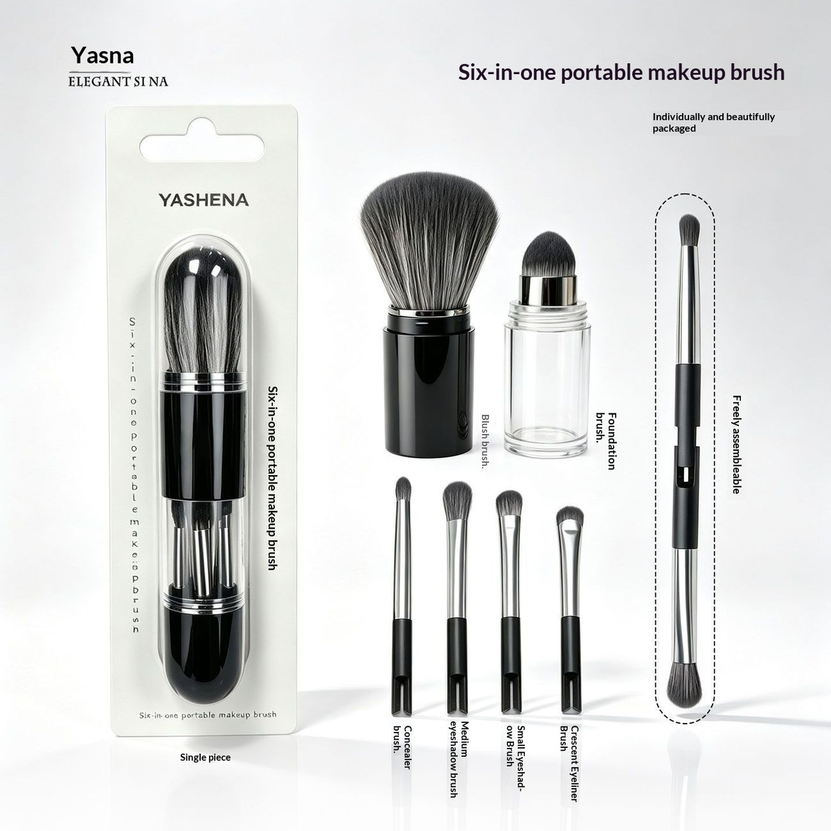 6-in-1 Makeup Brush Set – Portable Multi-Function Beauty Tool