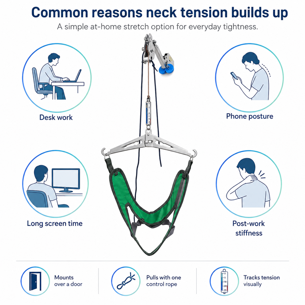 Adjustable Neck Support & Stretching System – Home Use Neck Stretcher with Comfortable Head Harness
