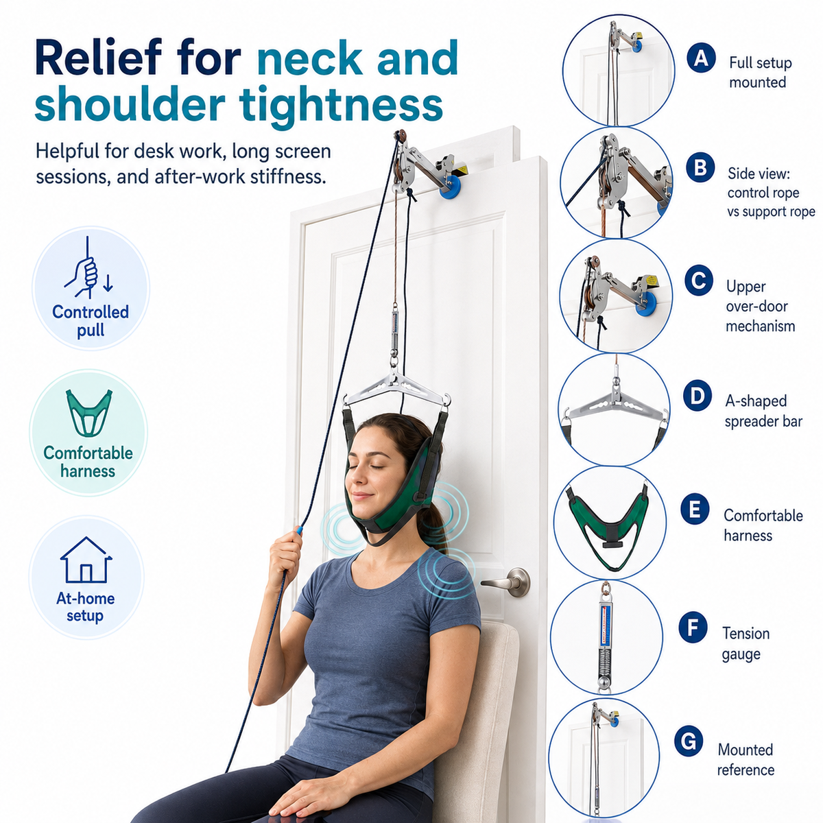 Adjustable Neck Support & Stretching System – Home Use Neck Stretcher with Comfortable Head Harness