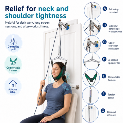 Adjustable Neck Support & Stretching System – Home Use Neck Stretcher with Comfortable Head Harness