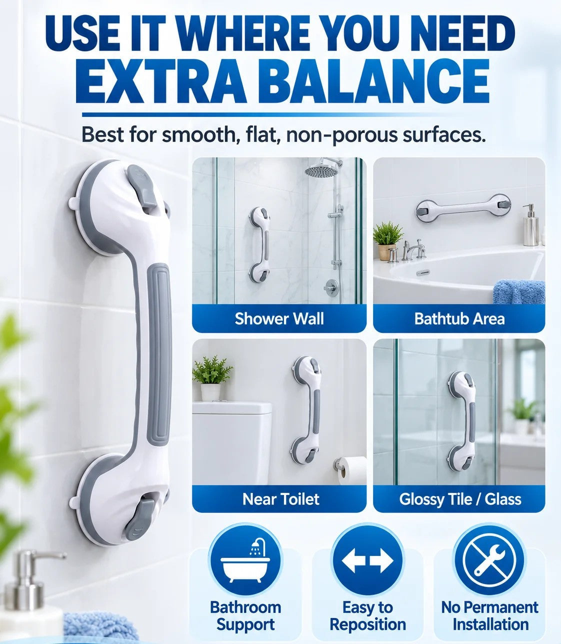 No-Drill Bathroom Suction Grab Handle: Quick-Install, Strong Suction, for Shower & Tub
