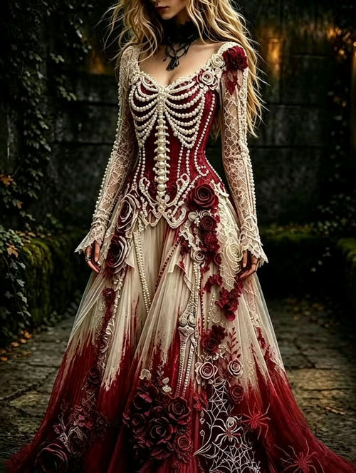 Gothic Skeleton Maxi Dress, Halloween Witch Dress, Skull Print Dress, Gothic Dress for Women