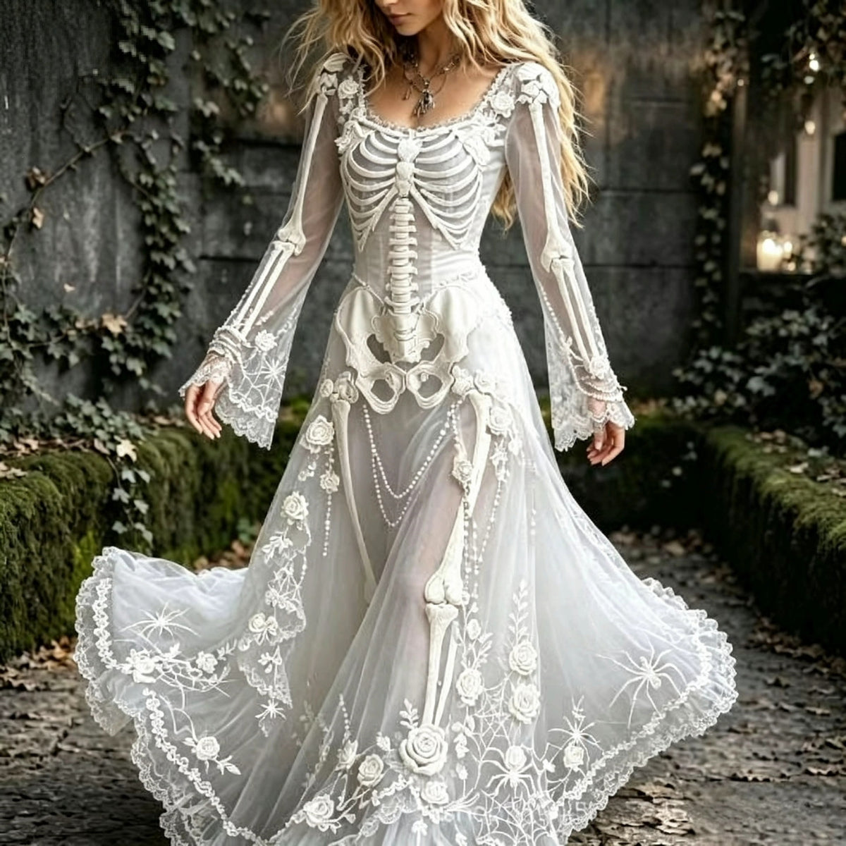 Gothic Skeleton Maxi Dress, Halloween Witch Dress, Skull Print Dress, Gothic Dress for Women