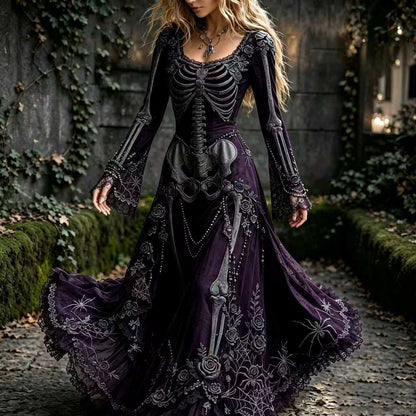 Gothic Skeleton Maxi Dress, Halloween Witch Dress, Skull Print Dress, Gothic Dress for Women