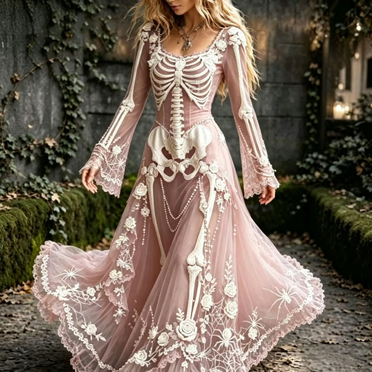Gothic Skeleton Maxi Dress, Halloween Witch Dress, Skull Print Dress, Gothic Dress for Women