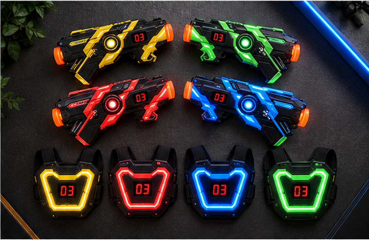 Four-player infrared toy blasters and chest targets