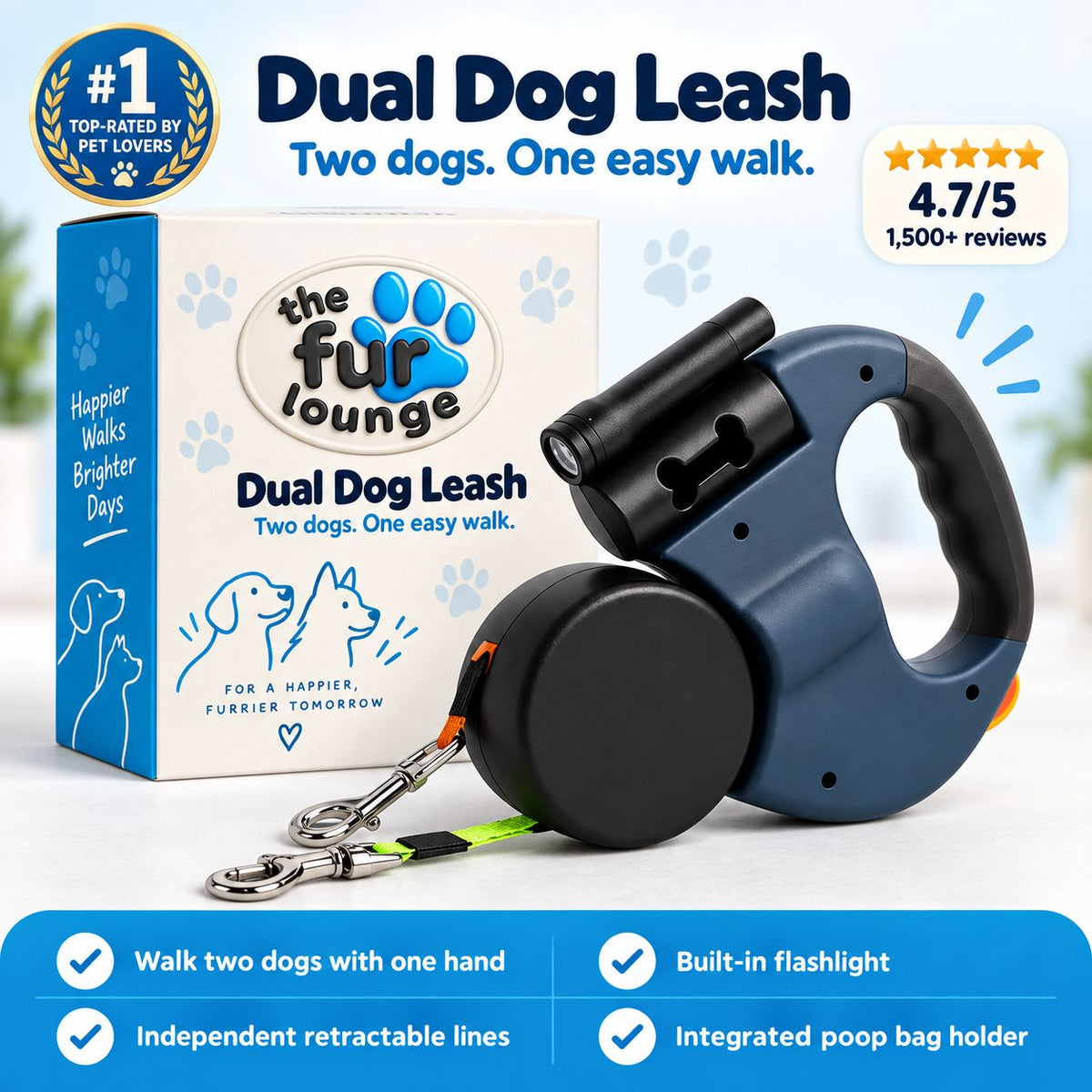 Dual Retractable Dog Leash – Walk Two Dogs with One Handle